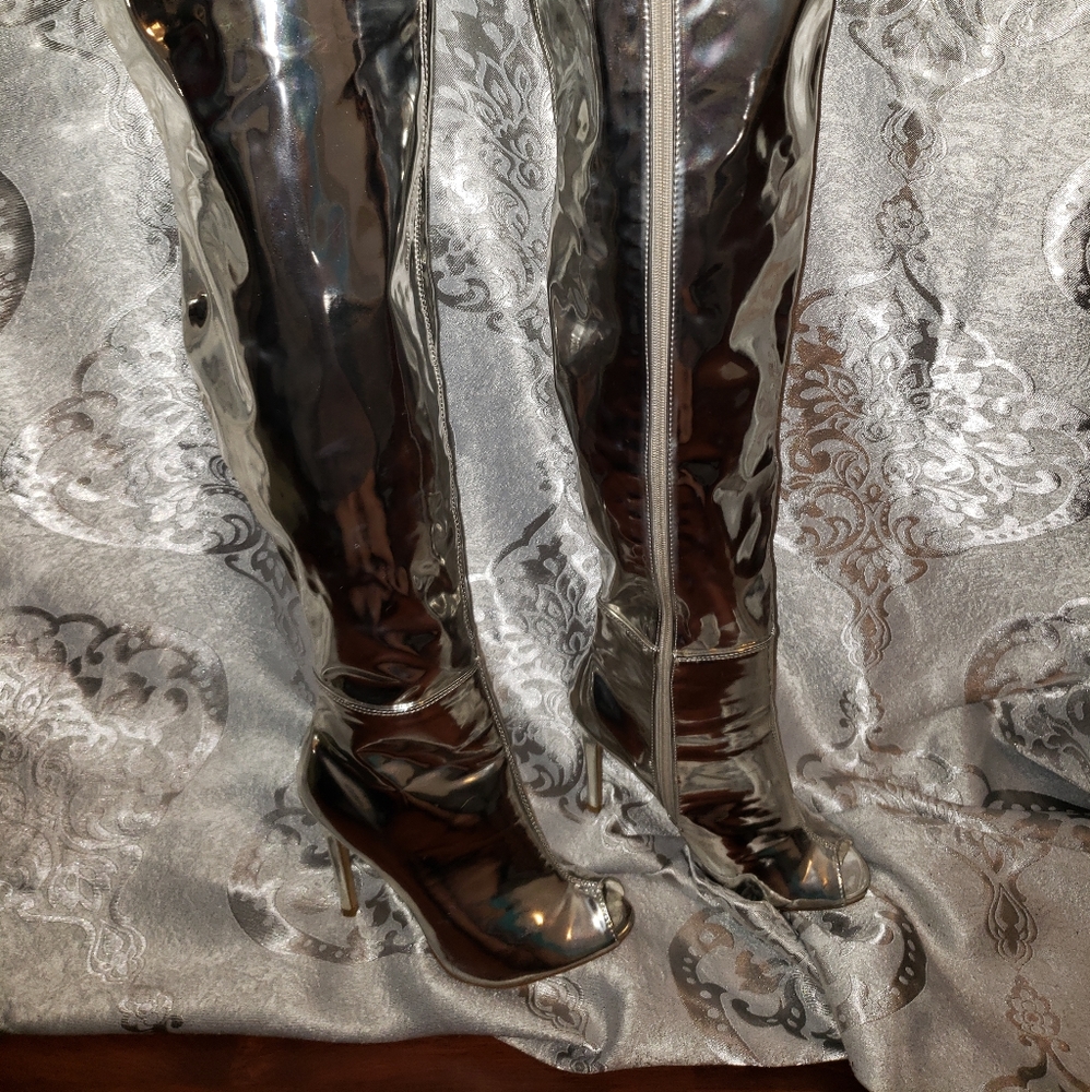 Silver knee high peep toe boots